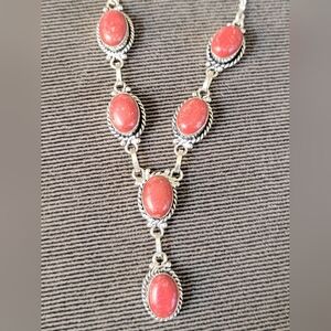 Elegant Coral Red and Silver Jasper Stone Necklace In 925 Silver